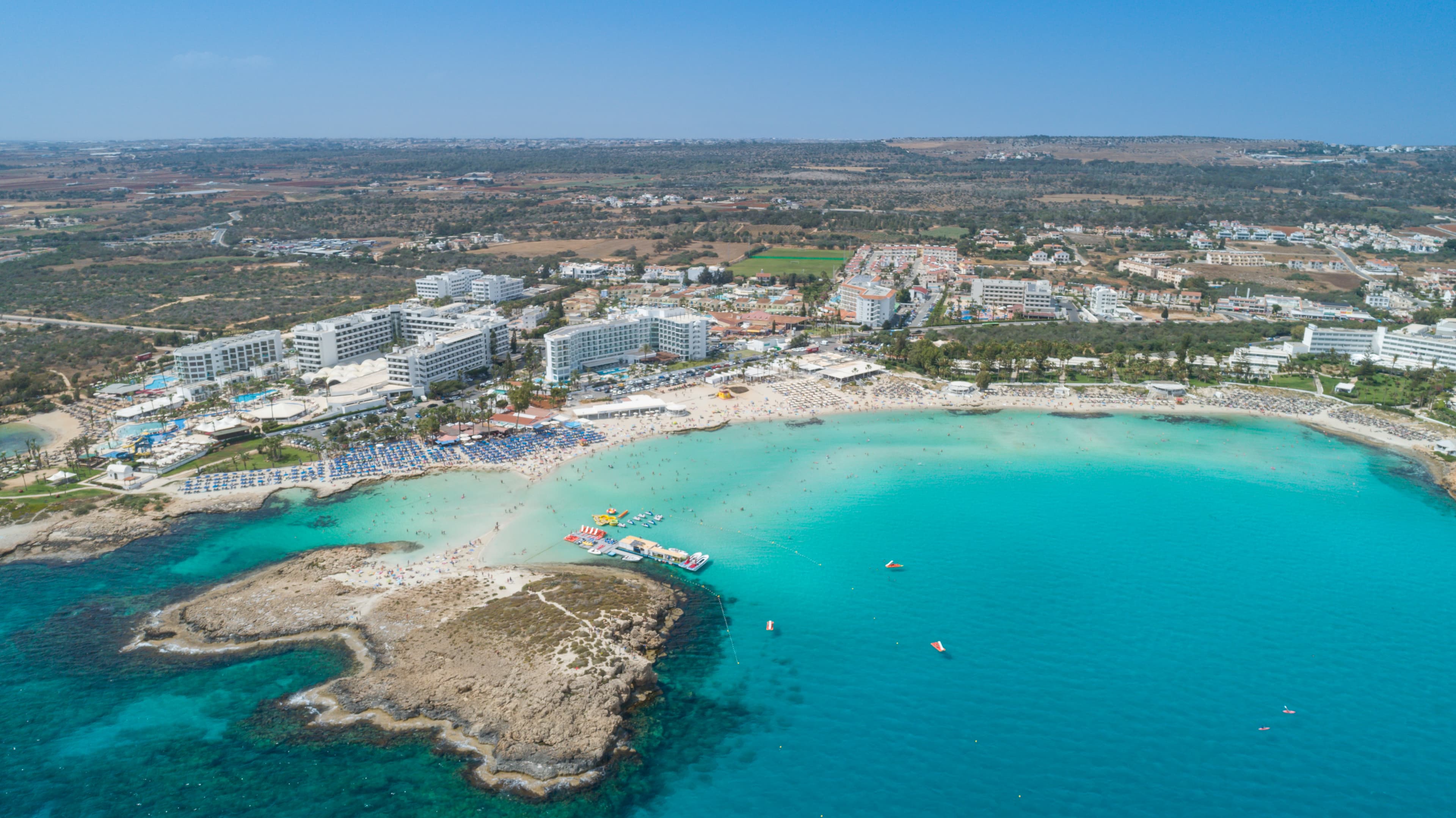 Aerial view of Nissi Beach and its turquoise bay, Ayia Napa, Cyprus