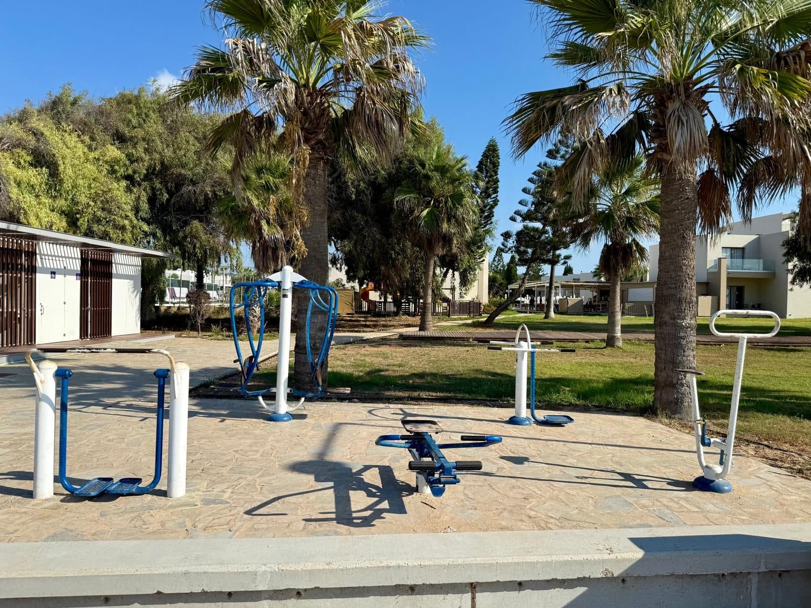 Outdoor gym machines on the seafront path near MUSAN, Ayia Napa